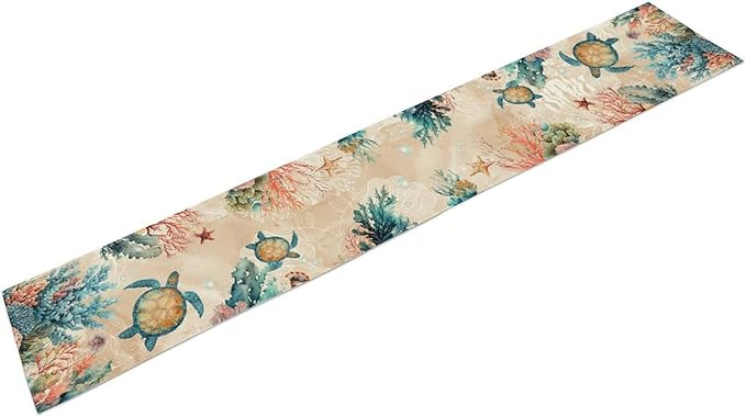 Retro Sea Turtle Table Runner, Nautical Starfish Underwater Coral Seashell Coastal Ocean Seasonal Coffee Table Center Decor for Home Kitchen Dining Patio Holiday Party Table Decorations 13"x72"