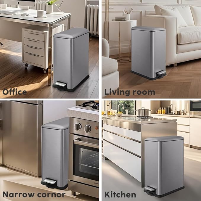 12 Gallon Slim Trash Can Kitchen, Stainless Steel Trash Can with Removal Inner Bucket and Soft-Close Lid, Pedal Garbage Can 45 Liter, Kohler Grey