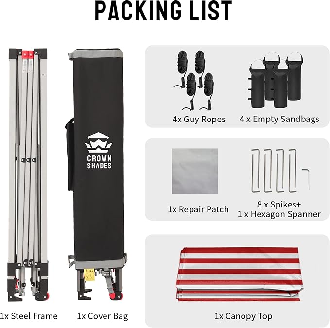 CROWN SHADES 10x10 Pop Up Canopy - Beach Tent with One Push Setup - Easy Outdoor Sun Shade for Events, Parties, Camping - Gazebo with STO-N-Go Cover Bag, Silver Coated Top, Red Strips