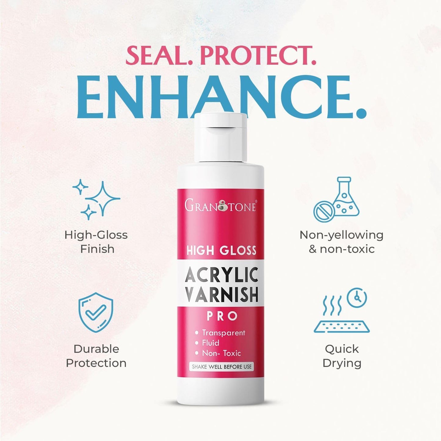 GRANOTONE Acrylic Artist's Varnish | High Gloss Finish | Non-Yellowing | Non-Toxic | Anti-Crazing | for Pro Artists, Hobby Painters & Kids | Made in India | 200 ML (6.76 fl oz)