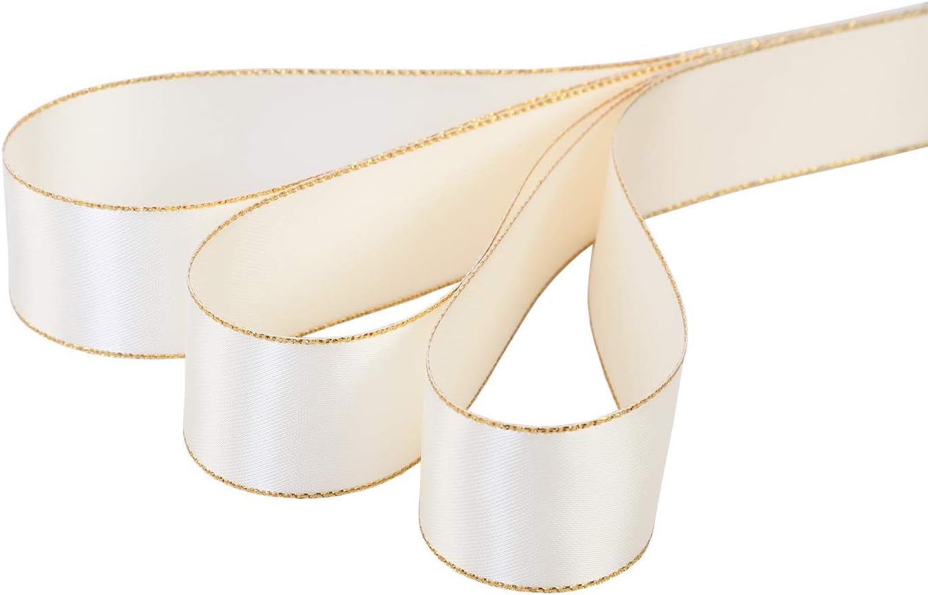 ITIsparkle 1" Inch Double Faced Satin Ribbon 25 Yards with Gold Edges, 1" X 25Yd - Ivory