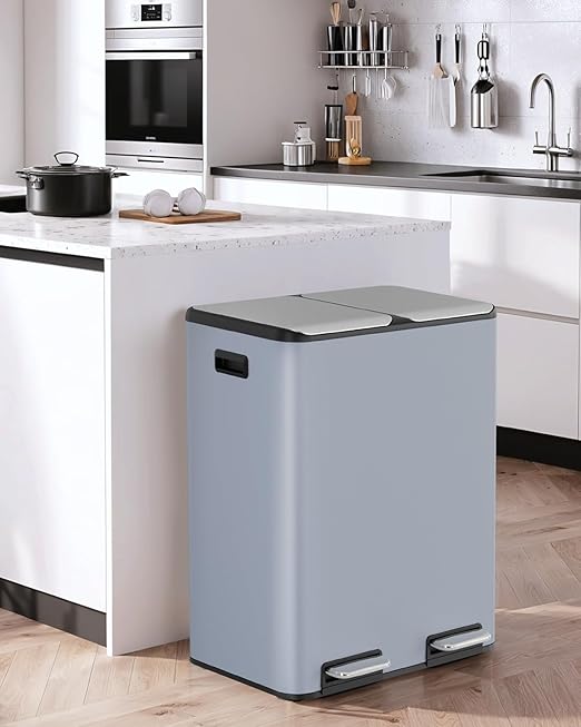 Arlopu 16Gal Dual Trash Can w/2 Built-in Box for Odor Control, Hands-Free Kitchen Garbage Bin, Recycle Waste Dustbin, Soft-Close Lid, 2 Buckets,Foot Pedal, Side Handle, Airtight,for Home (Haze Blue)