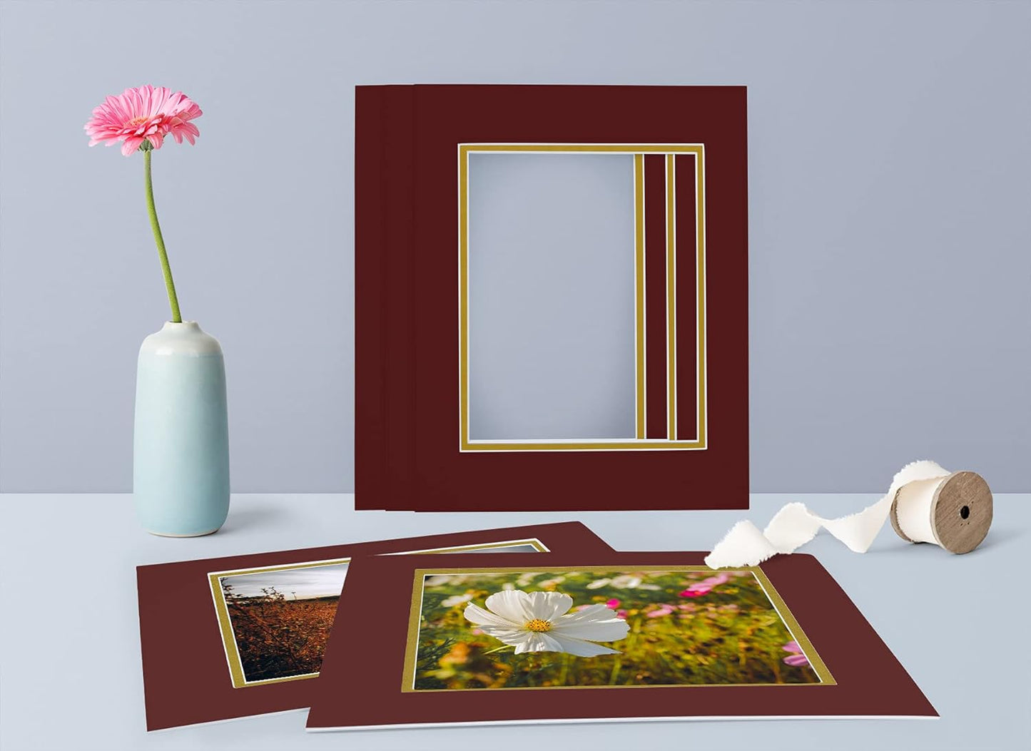 Golden State Art, 11x14 Double Mats for 8x10 - for Photos, Pictures, Frames - Acid-Free, 5 Pack, Maroon Over Old Gold