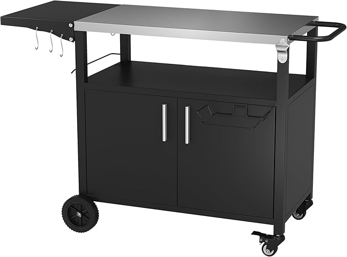 Vongrasig Grill Cart with Storage, Outdoor Bar Cart Rolling BBQ Movable Pizza Oven Table Stand with Foldable Stainless Steel Top & Storage Cabinet, Black