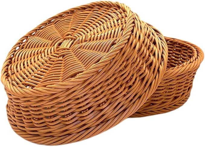 RT&BS 2pcs Round Wicker Bread Basket, Christmas Food Baskets, Eco-Friendly Sturdy Stackable Fruit Basket for Kitchen, Store, Restaurant, Party (Brown, M)