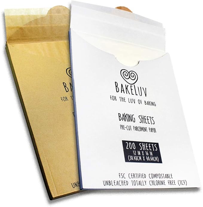 BAKELUV White Parchment Paper Sheets 12x16” | 200 Pcs | Non-Stick Precut Parchment Paper for Baking Sheets, Baking Paper, Unbleached Cookie Sheets, Wax Paper | Oven, Air Fryer, Grilling, Freezer