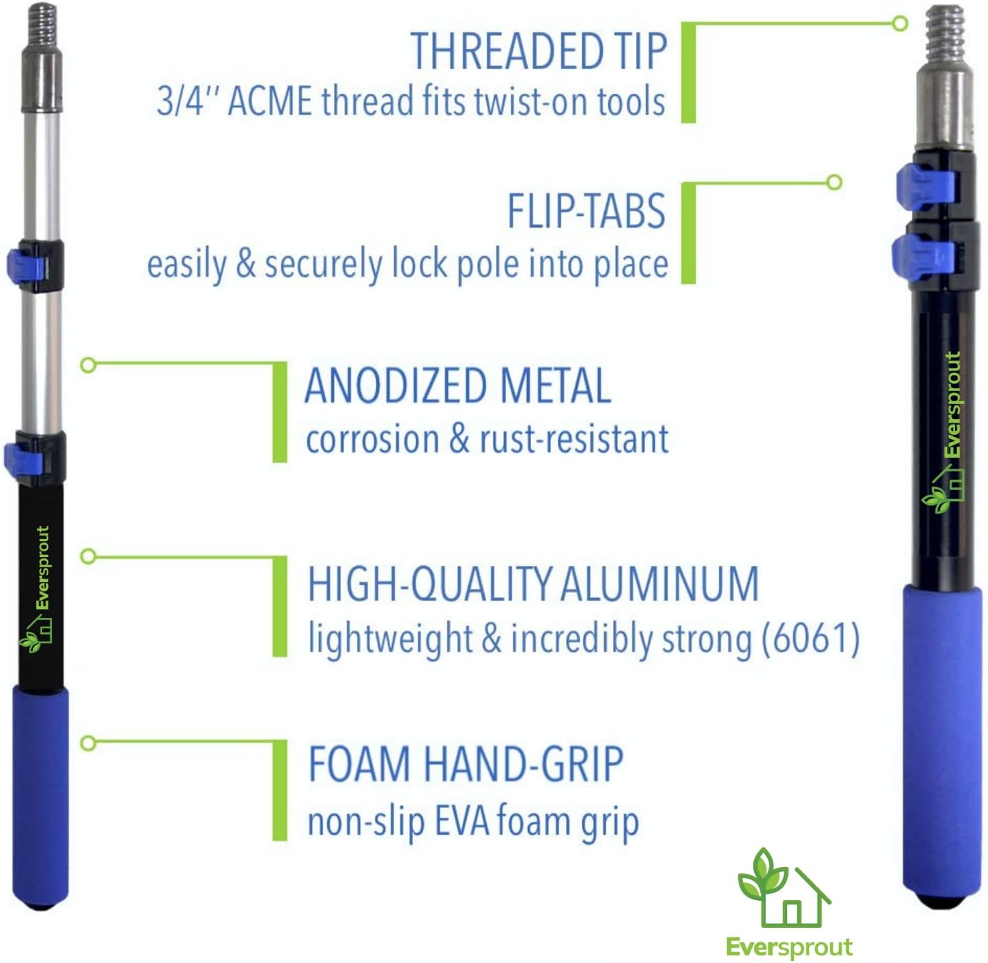 EVERSPROUT 1.5-to-3 Foot Telescopic Extension Pole | Lightweight Sturdy Aluminum Handle | Easy to Use Flip-Tab Lock Mechanism | Twist-On Metal Tip Works for Squeegee, Duster, Paint Roller (Pole only)