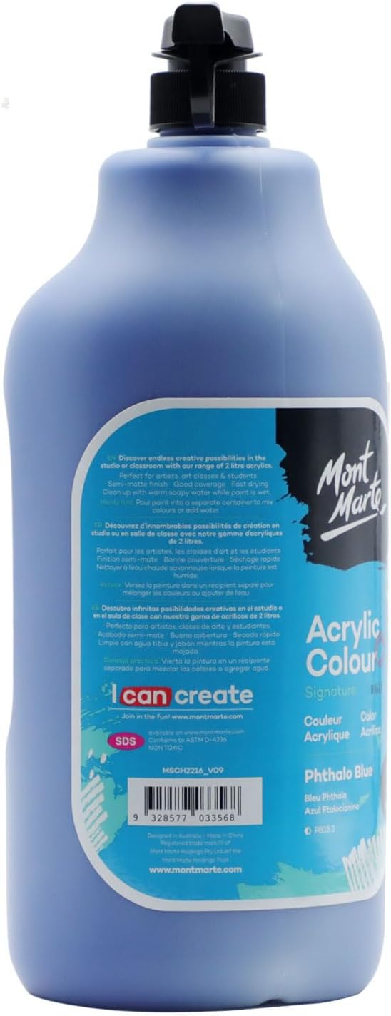 Mont Marte Discovery School Acrylic, Phthalo Blue, 1/2 Gallon (2 Liter). Ideal for Students and Artists. Excellent Coverage and Fast Drying. Pump Lid Included.