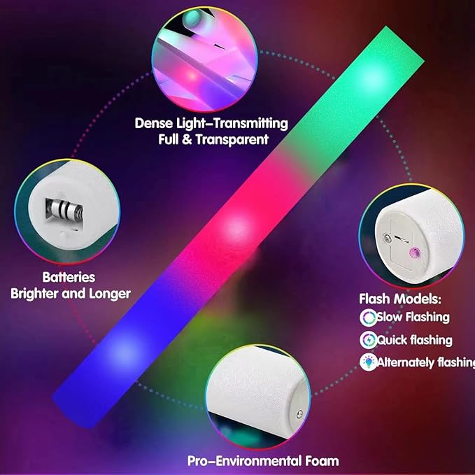 200 PCS LED Foam Sticks, Bulk Glow Sticks, Foam Glow Sticks for Wedding with 3 Modes Colorful Flashing, Glow in the Dark Party Supplies for Wedding, Raves, Concert, Sporting Events
