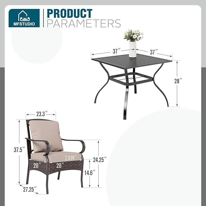 MFSTUDIO 5 Pieces Patio Dining Sets for 4, Square Metal Outdoor Table and Chairs, Heavy Duty Patio Dining Furniture for Deck, Porch