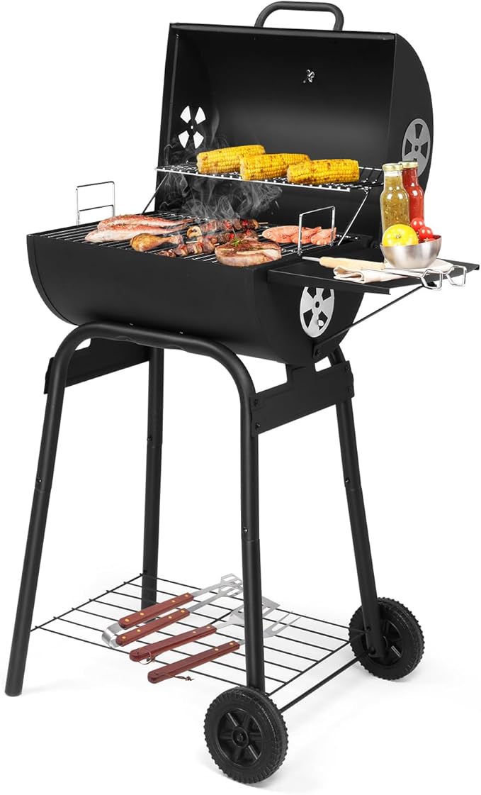 Outvita Barrel Charcoal Grill with Warming Rack, Outdoor BBQ Grill with Side Table with Nearly 268 Sq.In. Cooking Grid Area for Backyard Patio Picnic Parties Camping, Black