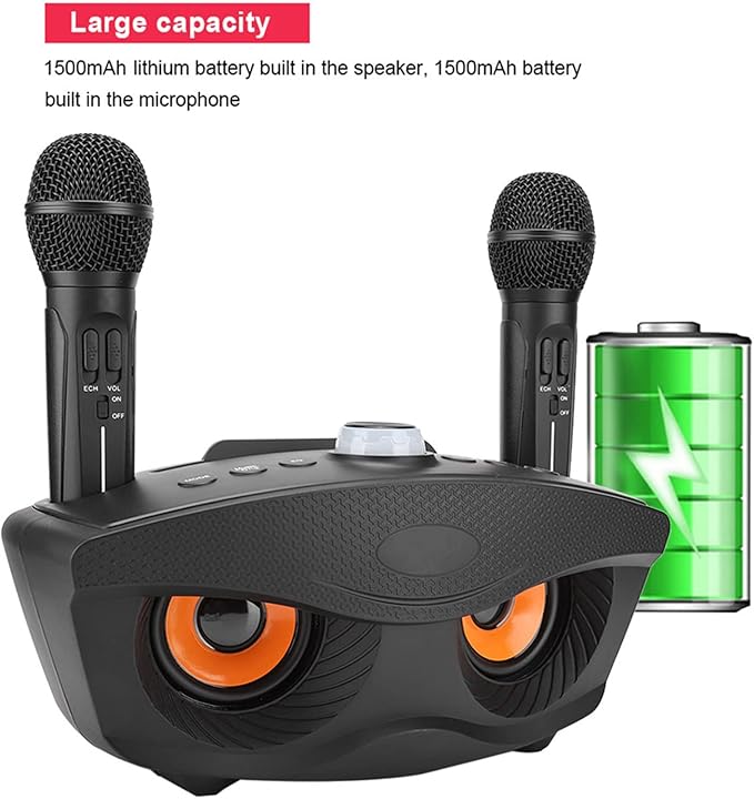 Speaker, KTV Karaoke Speaker with 2 Microphones for Home Party, 3000mAh Battery 10M Wireless Connection AUX Input USB Support (Black)