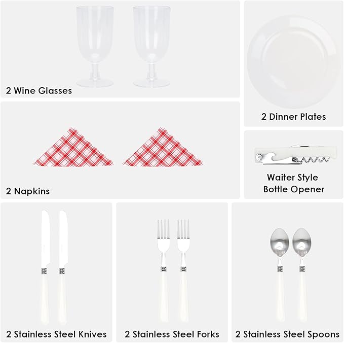 Picnic Basket Set for 2 Persons, Woven Woodchip Basket with Folding Handles & Lid, Red and White Gingham Lining Basket Set with Utensils Cutlery - Perfect for Picnic, Camping, Valentine Day, Outdoor