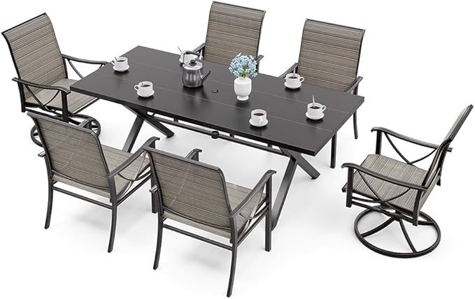 Kurapika 7-Piece Patio Dining Set, Outdoor Large Table with Umbrella Hole, 4 Stationary Chairs and 2 Swivel/Rocking Chairs, Patio Furniture Set for Garden, Deck, Porch, Pool All Weather, Brown