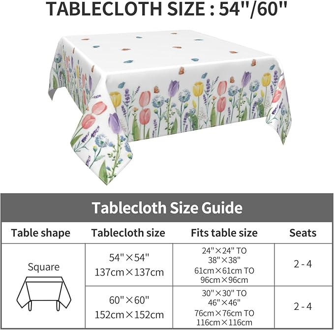 Spring Floral Tablecloth 54 x 54 Inch Square, Tulip Lavender Flower Decorative Tablecloths Stain Resistance Polyester Beautiful Flower Table Cloth for Holiday Parties Kitchen Dining Indoor Outdoor