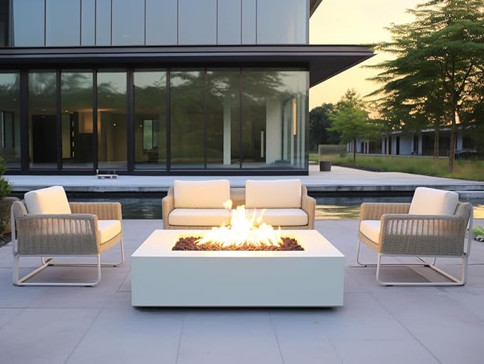 EXPLUX Outdoor Propane Gas Fire Pit Table 65,000 BTU 52-inch Concrete(GFRC) Rectangle Fire Pit for Outside Patio with 304 Stainless Steel Burner,Wind Guard,Crystal Blue Fire Glass,Rain Cover,White