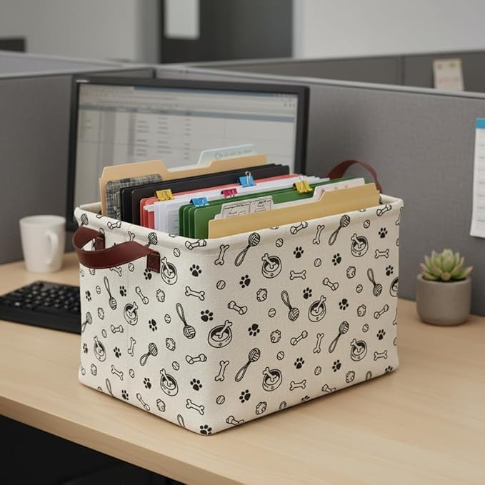 Dog Paw Storage Basket Waterproof Canvas Toy Storage Bin Storage Organizer Collapsible Outdoor Basket with Leather Handles Dog Toy Bin Blanket Baskets For Closets,Bedrooms,Gifts Baskets