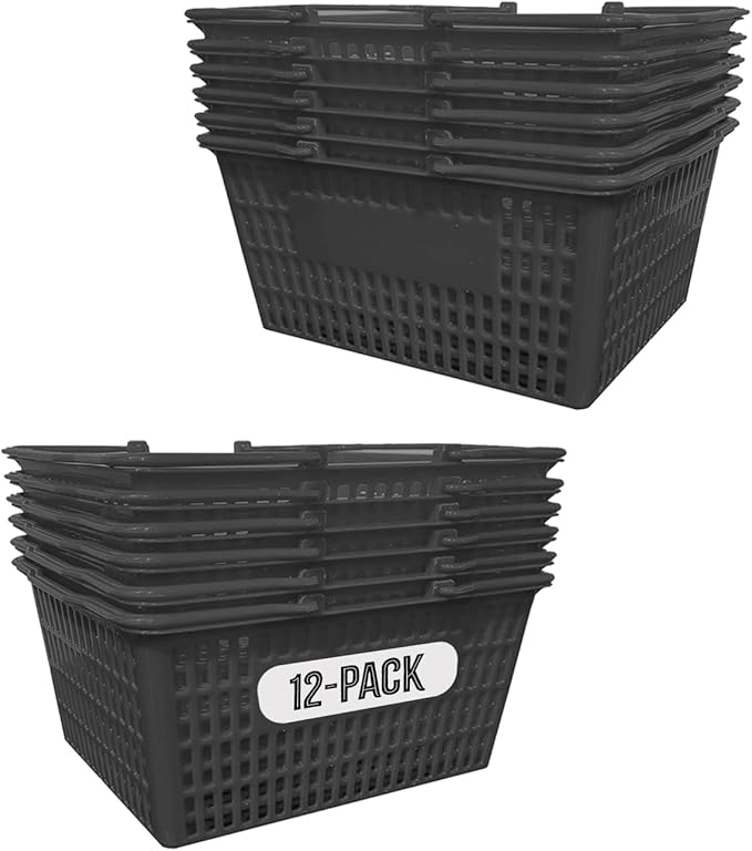 Stackable Plastic Shopping Baskets, Black, Easy-Grip Handles for Grocery, Retail, Liquor Stores, Home Use (Black, 12-pack)
