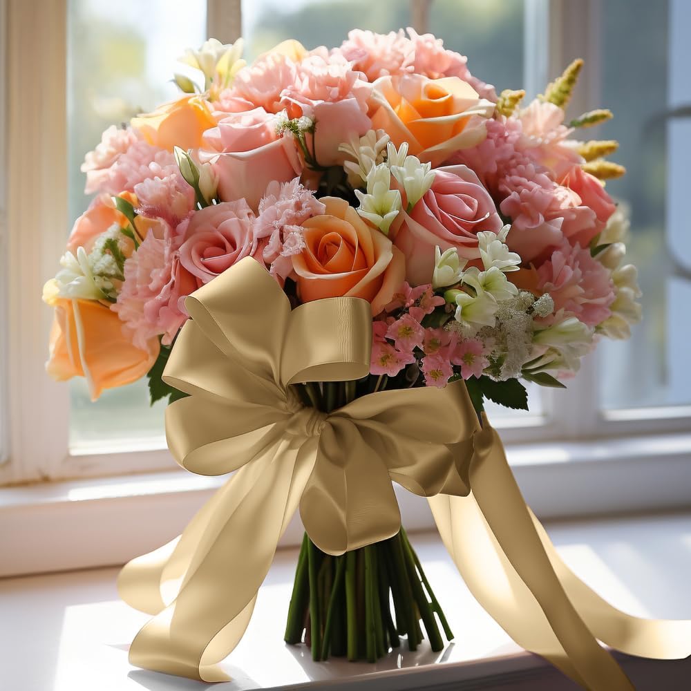 4 Inch 25 Yard Wide Satin Ribbon Champagne Gold, Solid Fabric Large Ribbon Roll for Cutting Ceremony Wedding Opening Party Decoration, Chairs, Sewing, Festival Pageant Sashes