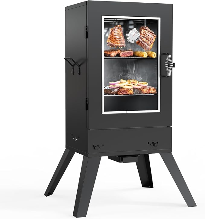 TABU 30-inch Electric Vertical BBQ Smoker with Thermometer & Leg Kit, Large Meat Smoker with Water& Wood Trays for Outdoor Backyard, Black
