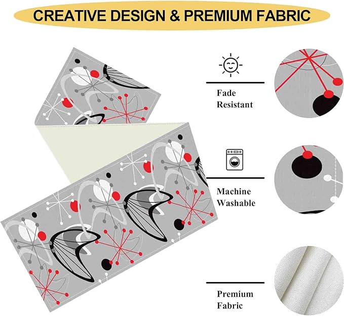 Mid Century Table Runner, Retro 1950s Atomic Minimalist Modern Abstract Geometric Gray Coffee Table Center Decor for Home Kitchen Dining Patio Holiday Party Table Decorations, 13"x90" Inch