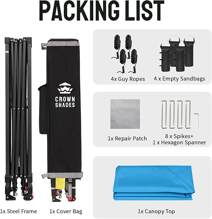 CROWN SHADES 10x10 Pop Up Canopy Tent - Patented Center Lock One Push Instant Outdoor Canopy Beach Tent with STO-N-Go Bag 8 Stakes & 4 Sand Bags,Sky Blue