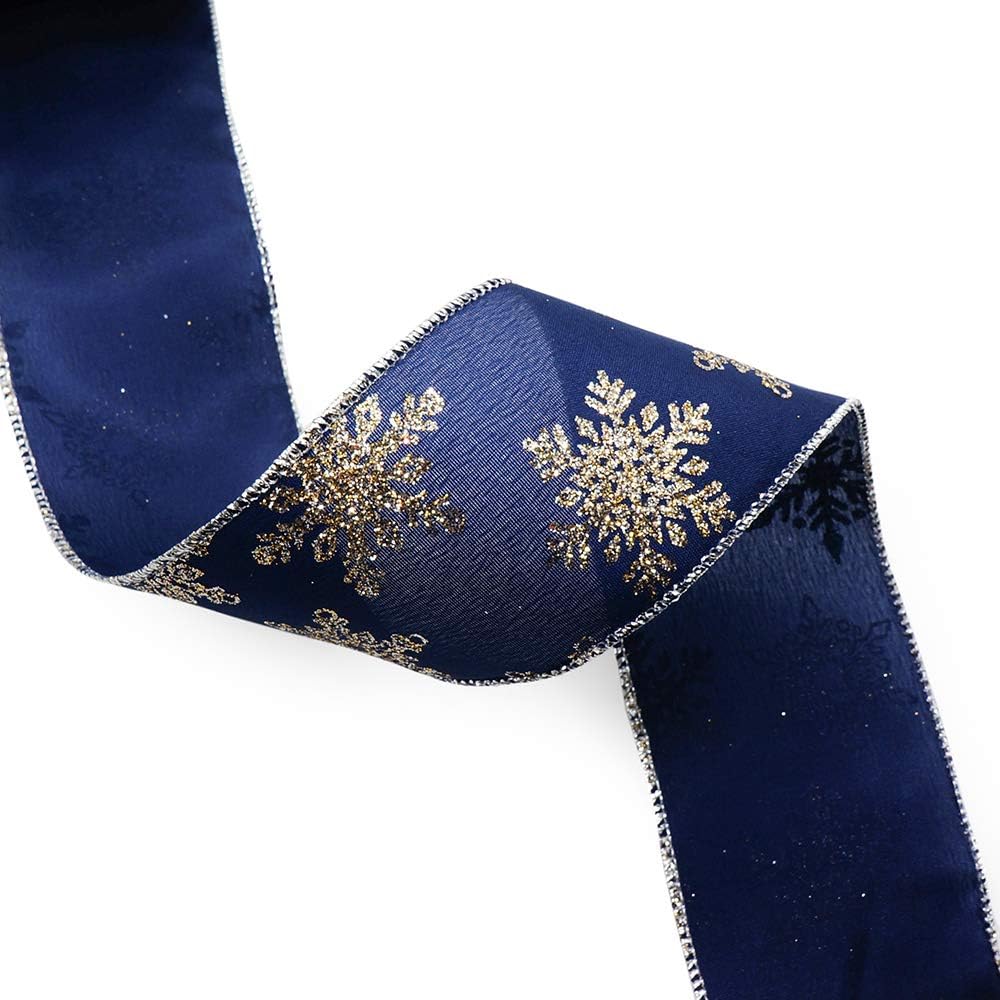 CT CRAFT LLC Navy Satin Gold Snowflake Wired Ribbon 2.5 Inch x 10 Yards for Christmas Home Decor Tree Topper Bow Gift Wrapping DIY Crafts Wreath Garland