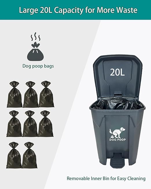 Large Dog Poop Trash Can Outdoor 20L / 5.3 Gallon with Foldable Pooper Scooper - Waterproof Pet Waste Station Set, Foot Pedal, Inner Bucket & 100 Bags for Backyard