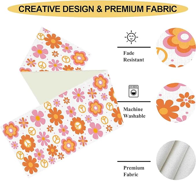 Groovy Floral Table Runner, Retro 70s Hippie Floral Funky Pink Cute Flower Trippy Coffee Table Center Decor for Home Kitchen Dining Patio Holiday Party Indoor Outdoor Table Decorations, 13"x72" Inch