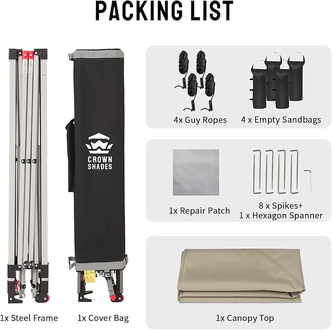 CROWN SHADES 10x10 Pop Up Canopy, Patented Center Lock One Push Tent Canopy, Newly Designed Storage Bag, 8 Stakes, 4 Ropes, Beige