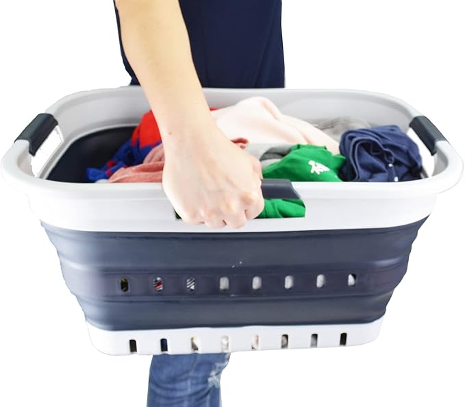 SAMMART 30L (8 gallons) Collapsible Plastic Laundry Basket/Hamper-Foldable Storage Container/Organizer-Space Saving Outdoor Pop Up Saving (Grey/Slate Grey (Set of 2))