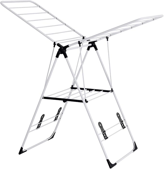 GOFLAME Steel Clothes Drying Rack with Adjustable Wings, Foldable Gullwing Collapsible Laundry Drying Rack with Shoe Holder and Shelves, Space Saving Drying Rack for Underwear, Socks, Pants