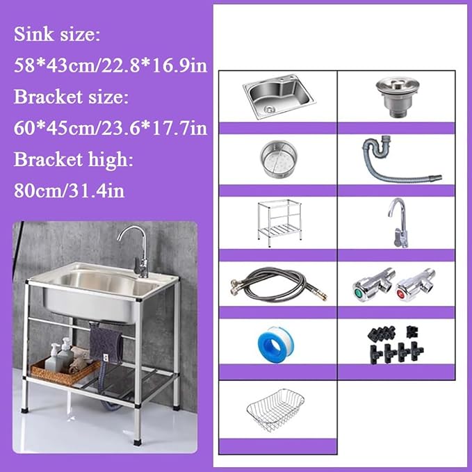 Outdoor Garden Sink Single Trough For Washing, Small Stainless Steel Utility Kitchen Hand Basin Station Sink Tub with Storage Shelve and Faucet, for Restaurant, Bar, Laundry, Garage, Backyard(60*45*80