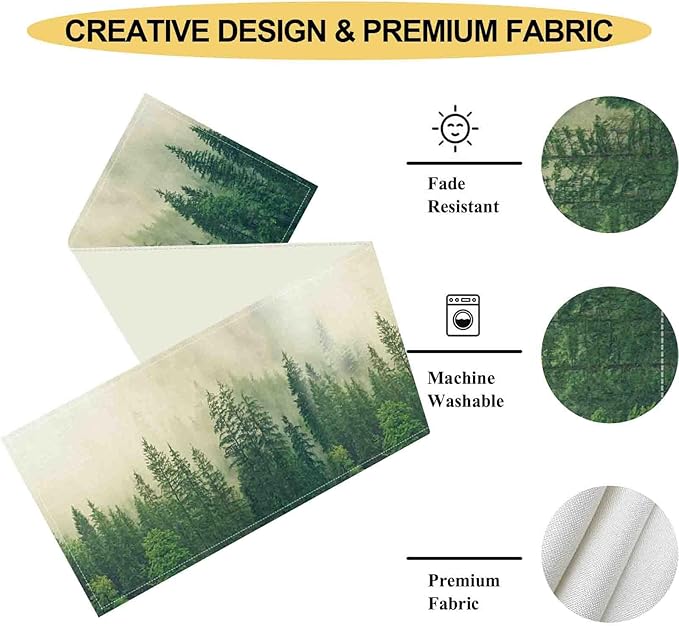 Forest Table Runner, Rustic Farmhouse Misty Pine Tree Woodland Jungle Mountain Country Coffee Table Center Decor for Kitchen Dining Patio Holiday Party Indoor Outdoor Table Decorations, 13"x36" Inch