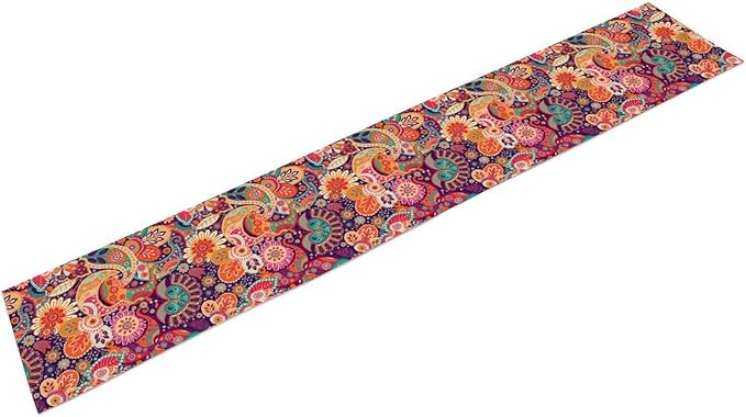 Purple Paisley Table Runner, Rustic Damask Antique Floral Flower Retro Boho Mandala Indian Bohemian Vintage Table Center Decor for Family Kitchen and Living Room Country Table Decorations, 13" X 108"