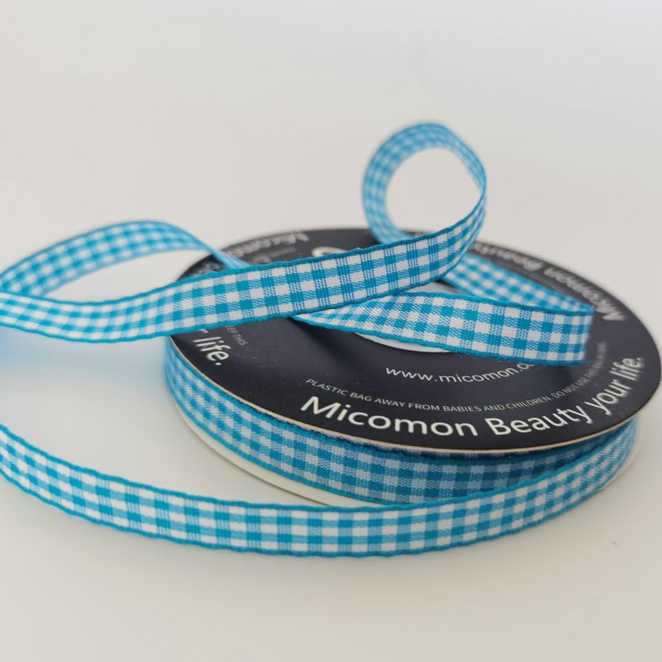 Micomon Vivid Blue and White Woven Edge Plaid Ribbon 100% Polyester Gingham Ribbon 25 Yards Each Roll (3/8",Vivid Blue)