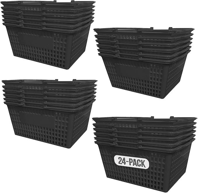 Stackable Plastic Shopping Baskets, Black, Easy-Grip Handles for Grocery, Retail, Liquor Stores, Home Use (Black, 24-pack)