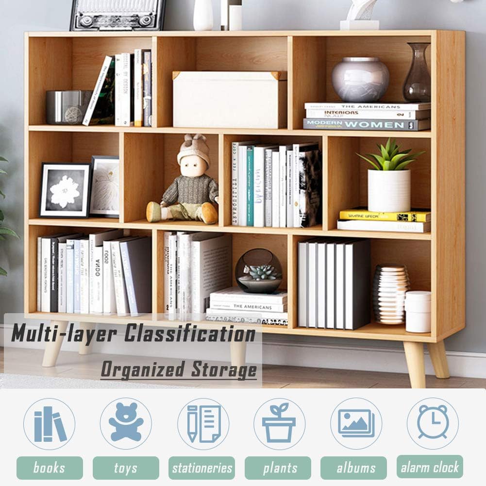 IOTXY Wooden Open Shelf Bookcase - 3-Tier Floor Standing Display Cabinet Rack with Legs, 10 Cubes Bookshelf, Pear Yellow