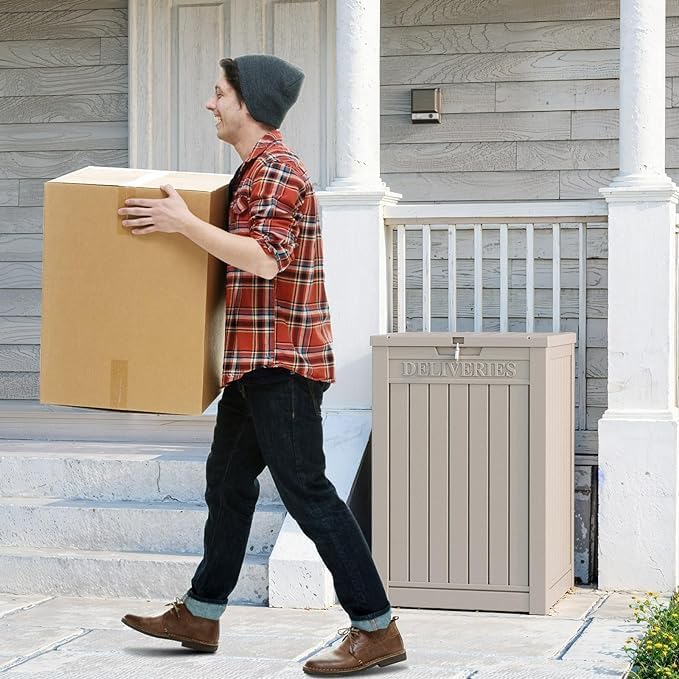 DRATO 48 Gallon Package Delivery Box, Large Lockable Storage Box, Double-Wall Resin Outdoor Package Delivery and Waterproof Deck Box for Porch, Patios๏ผ Grey๏ผ48 Gallon๏ผ
