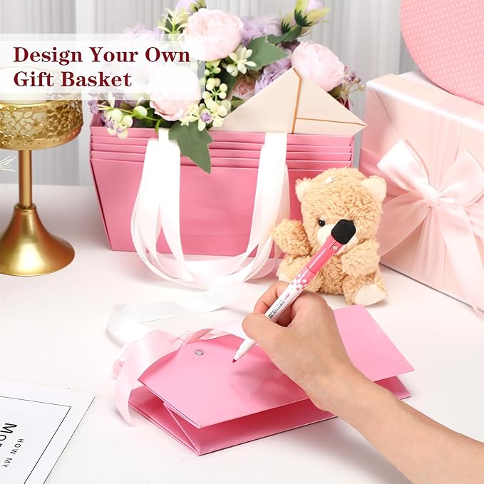 Glenmal 72 Pcs Baskets for Gifts Waterproof Empty Kraft Basket Bulk with Handles 9.8 x 6.5 x 4.3'' Gift Basket Empty to Fill for Wedding Party Christmas Valentines(Pink)