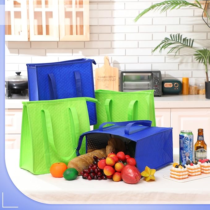 10 Pack Large Insulated Grocery Bags Reusable Shopping Bags with Zippered Top 13 x 12 x 7 Inch Thermal Cooler Totes Bulk with Handles for Hot Cold Food Delivery Refrigerator(Green, Blue)