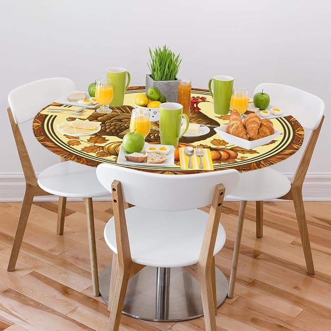 Thanksgiving Vintage Turkey Round Table Cloth Cover, Elastic Edge Waterproof Wipeable Tablecloths 45"-56" Polyester Tablecloth for Party Restaurant Banquet Holiday Camping Outdoor Picnic