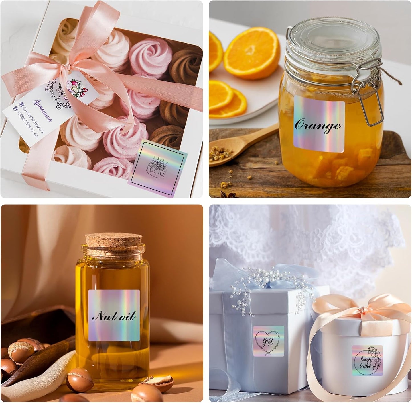 2" x 2" Square Thermal Label Stickers, Holographic Square Direct Thermal Sticker Labels, Perforation Line Design- Holographic Gradient Color