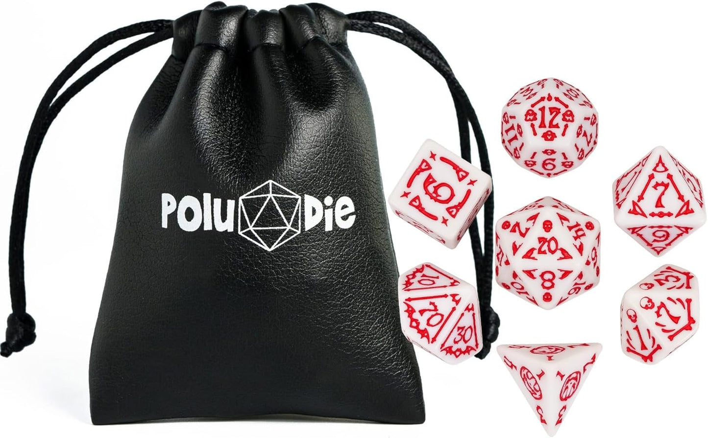 7-Die DND Dice Set Halloween Pattern Polyhedral Dice Set with Leather Bag, Skull Die D&D Die for RPG Table Games (Halloween Pattern-White/Red Number)