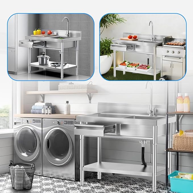 Utility Sink, Commercial Kitchen Stainless Steel Sink, 39.5'' Free Standing Single Bowl Sink with Drawer & Cold and Hot Water Pipe for Kitchen Laundry Room Farmhouse Indoor and Outdoor