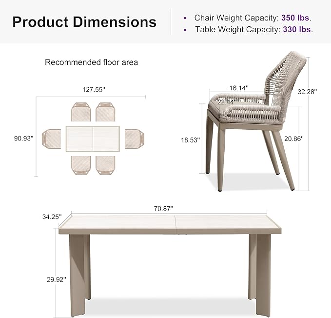 PURPLE LEAF 7 Pieces Patio Dining Set Aluminum Modern Rectangular Table and Wicker Chairs with Cushions for Kitchen Porch Garden Outdoor Furniture Sets, Champagne