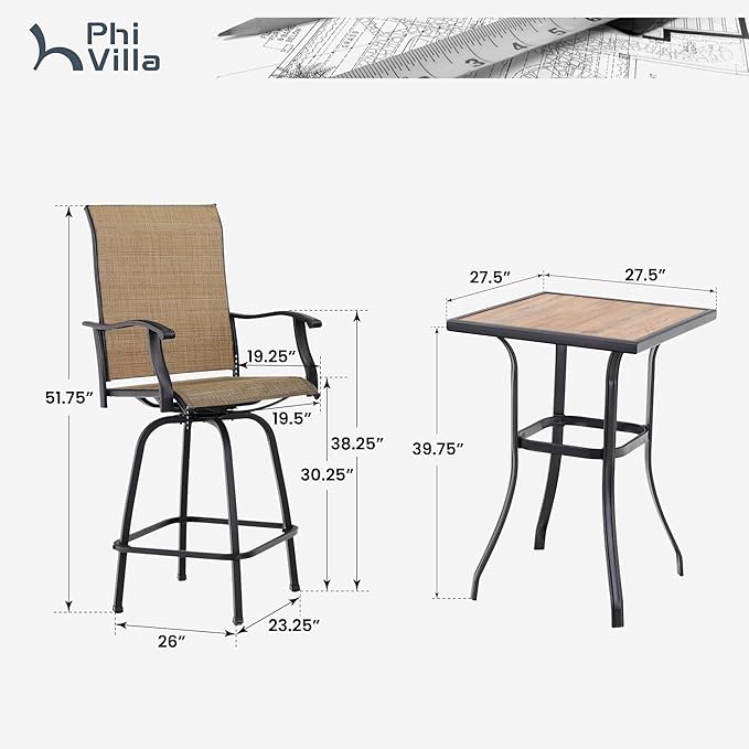 PHI VILLA 5 Piece Outdoor Bar Set with Swivel Patio Bar Stools, Patio Bar Bistro Table and Chairs with Brown Textilene Fabric & Square Bar Table for Deck, Balcony and Garden