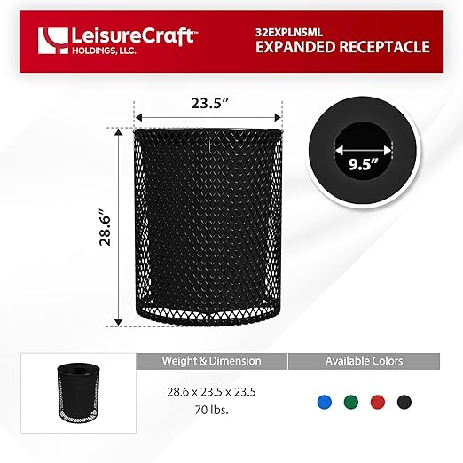 Leisure Craft Heavy-Duty 32 Gallon Receptacle, Portable, Liner Included, Made with Heavy-Gauge Metal and a Durable Thermoplastic Coating, Commercial Outdoor Park Receptacle, Made in The USA