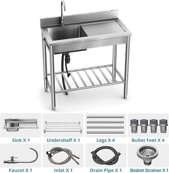 Stainless Steel Sink, Free Standing Kitchen Sink with Countertop Workstation, Utility Sink Single Bowl with Cold and Hot Water Pipe for Kitch Laundry Room Garage Farmhouse Indoor Outdoor (39 Inch L)