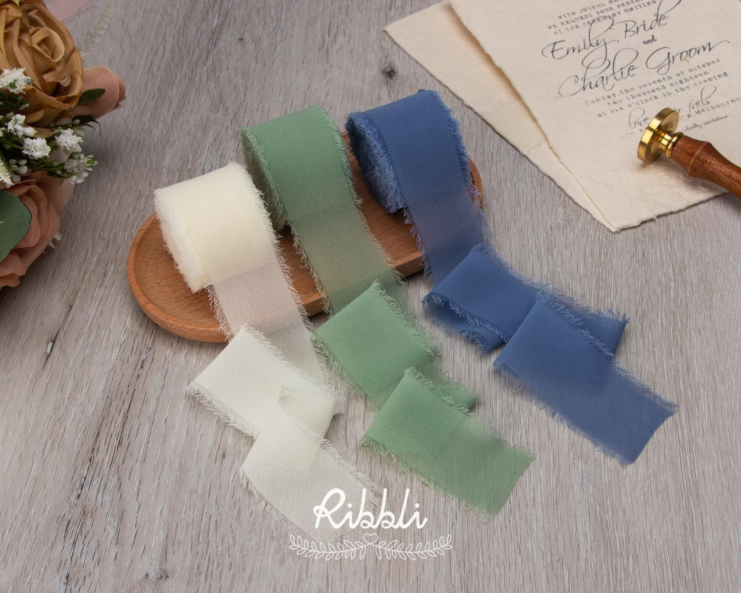 Ribbli Chiffon 1.5 Inch x 30 Yard Handmade Silk Ribbon - Ivory/Sage Green/Dusty Blue Fringe for Wedding Invitations, Bridal Bouquets, Wrapping, Flower Arrangement Decoration